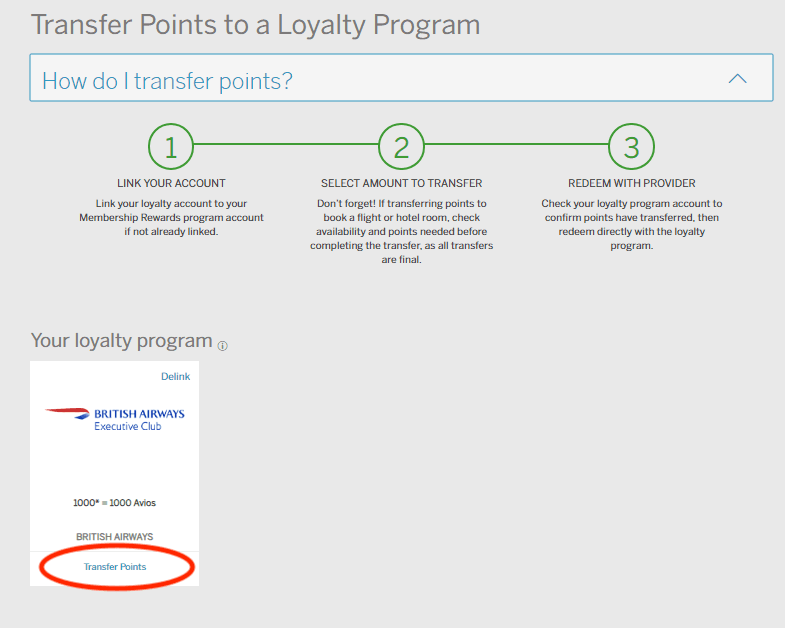 Open your linked Aeroplan card and click Transfer Points